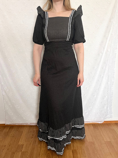 70s cotton black and white maxi dress, Size XS