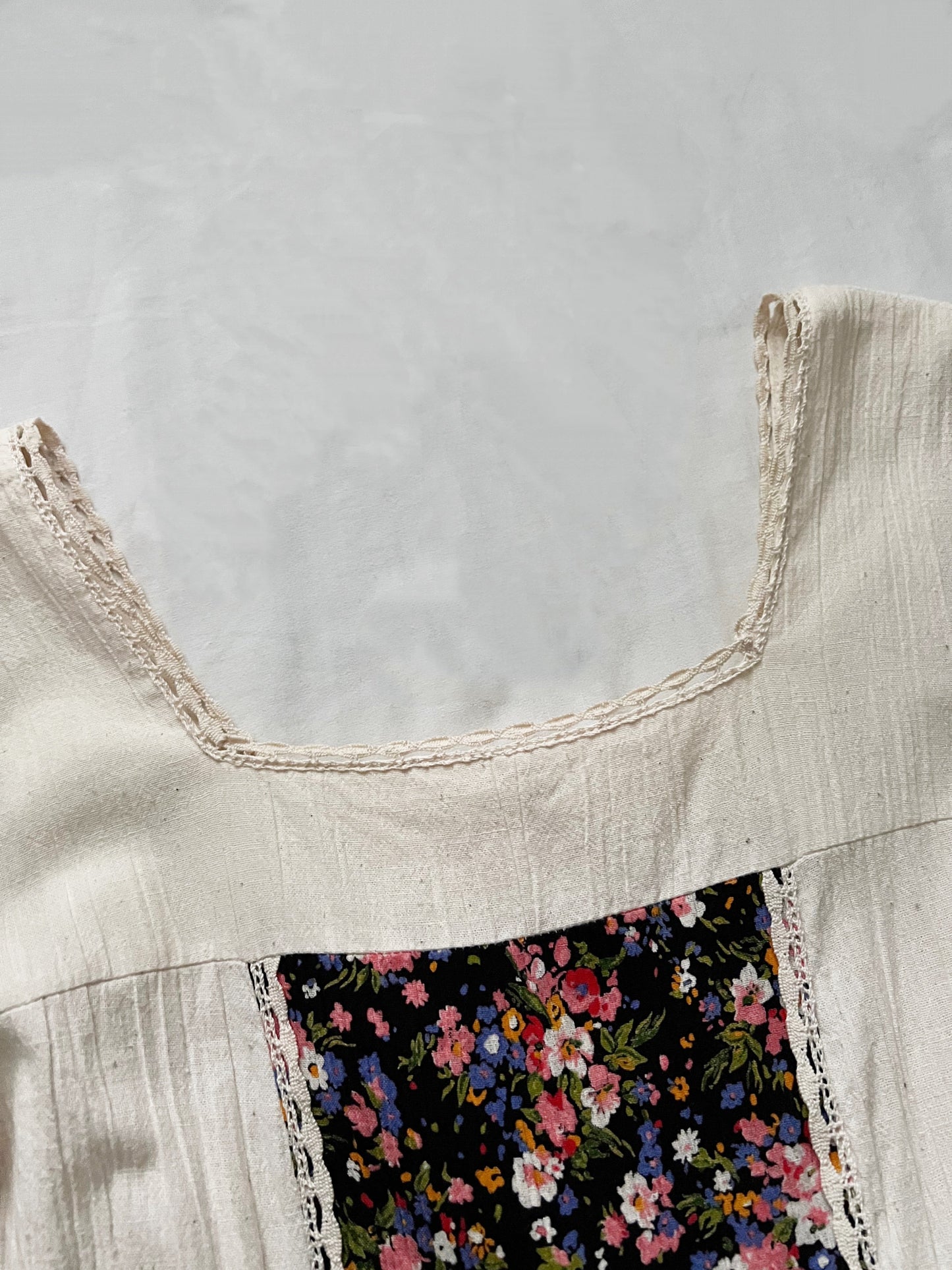 70s cotton cream and floral maxi dress, Size S