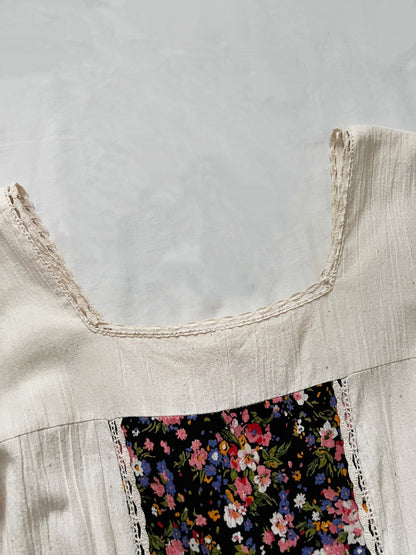 70s cotton cream and floral maxi dress, Size S