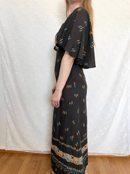 70s black floral cape dress, Size S