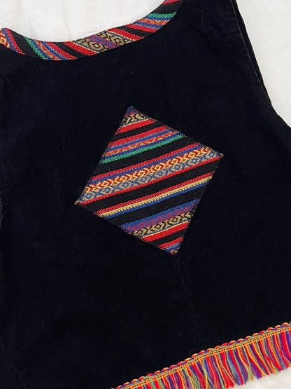 70s black vest with colorful fringe, Size XS