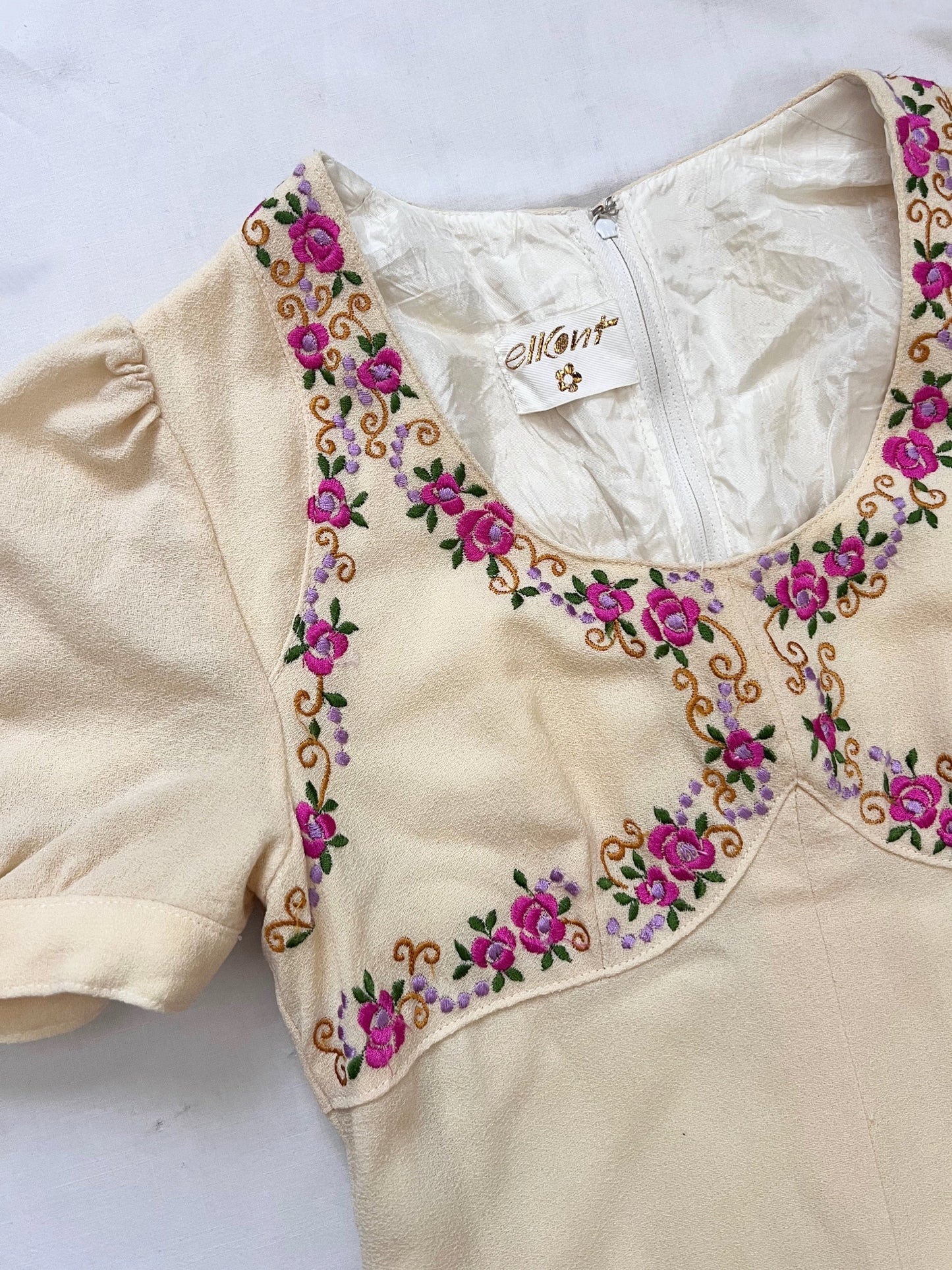 Maxi cream dress with floral embroidery, Size XS
