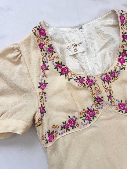 Maxi cream dress with floral embroidery, Size XS