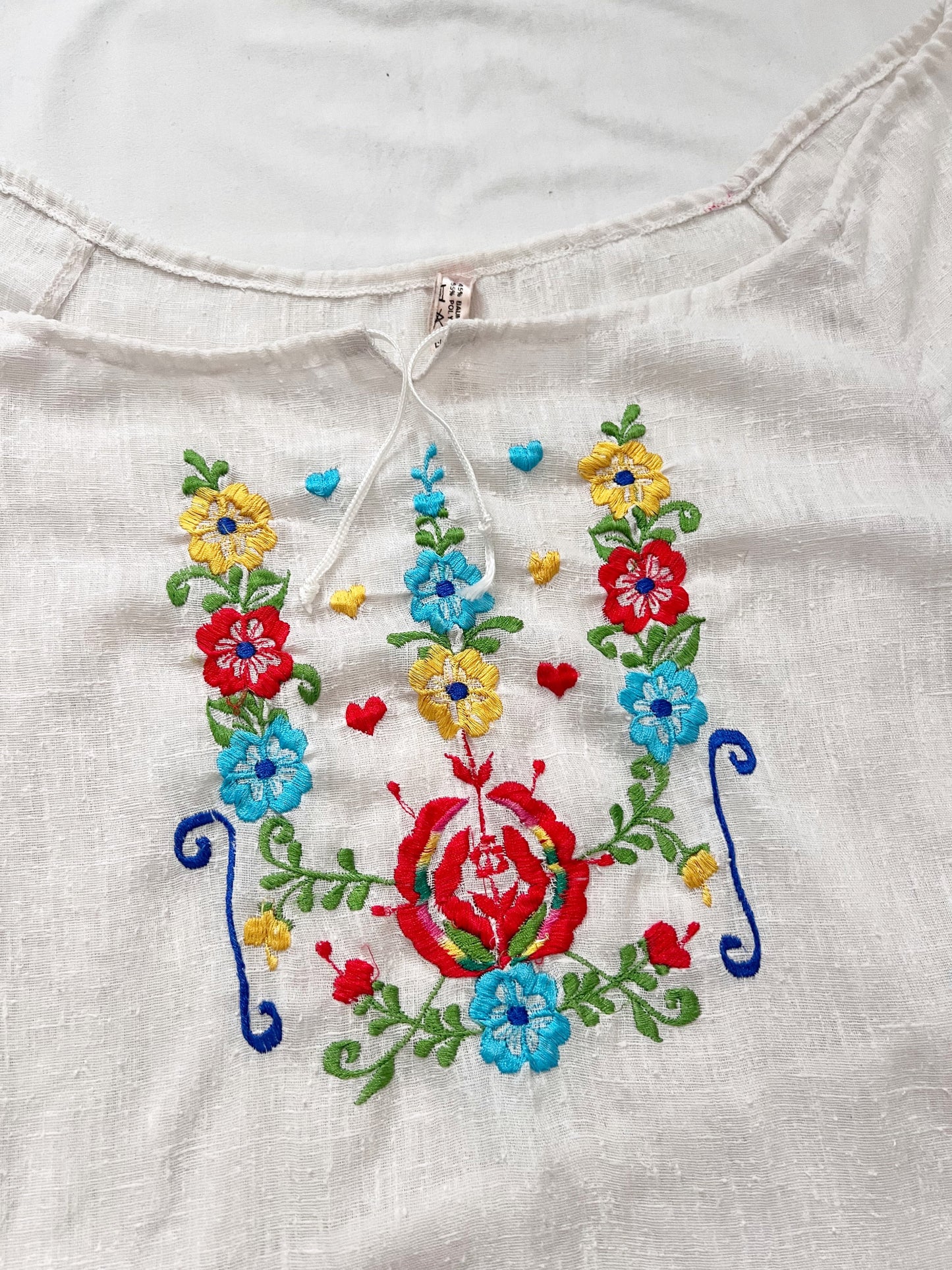 70s floral embroidery white blouse, Size S