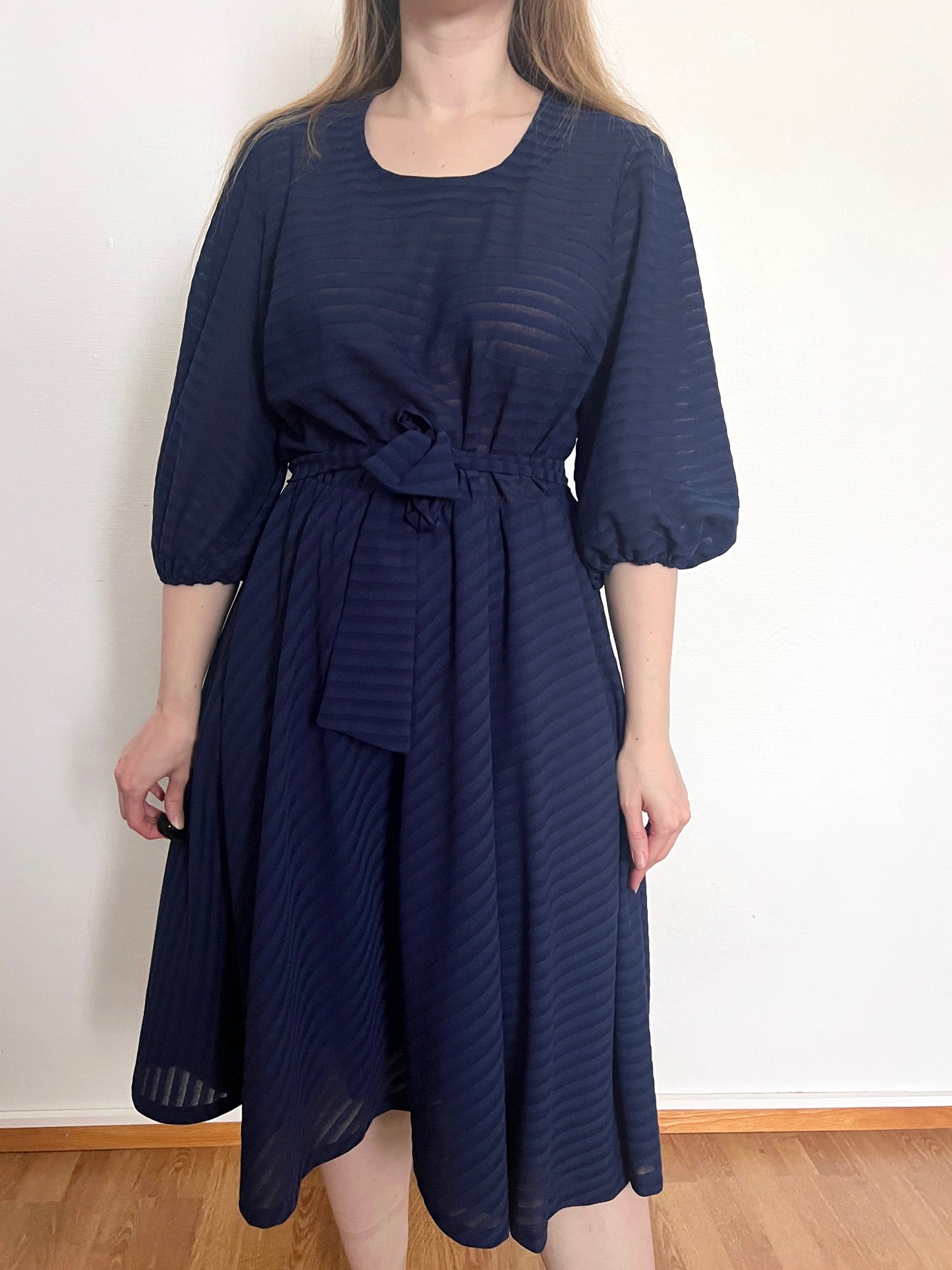 70s navy blue stripes dress, Size L