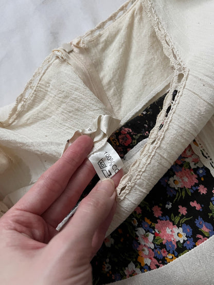 70s cotton cream and floral maxi dress, Size S