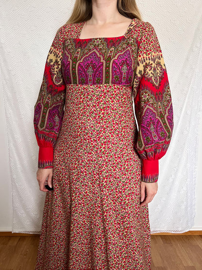 70s red floral Medieval revival maxi dress, Size S-M