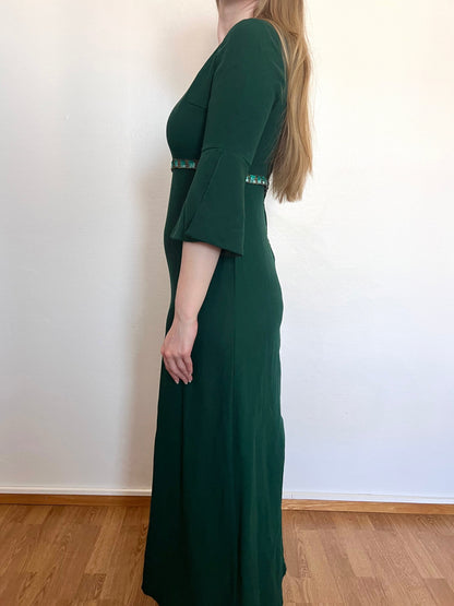 70s green flared sleeves dress, Size S