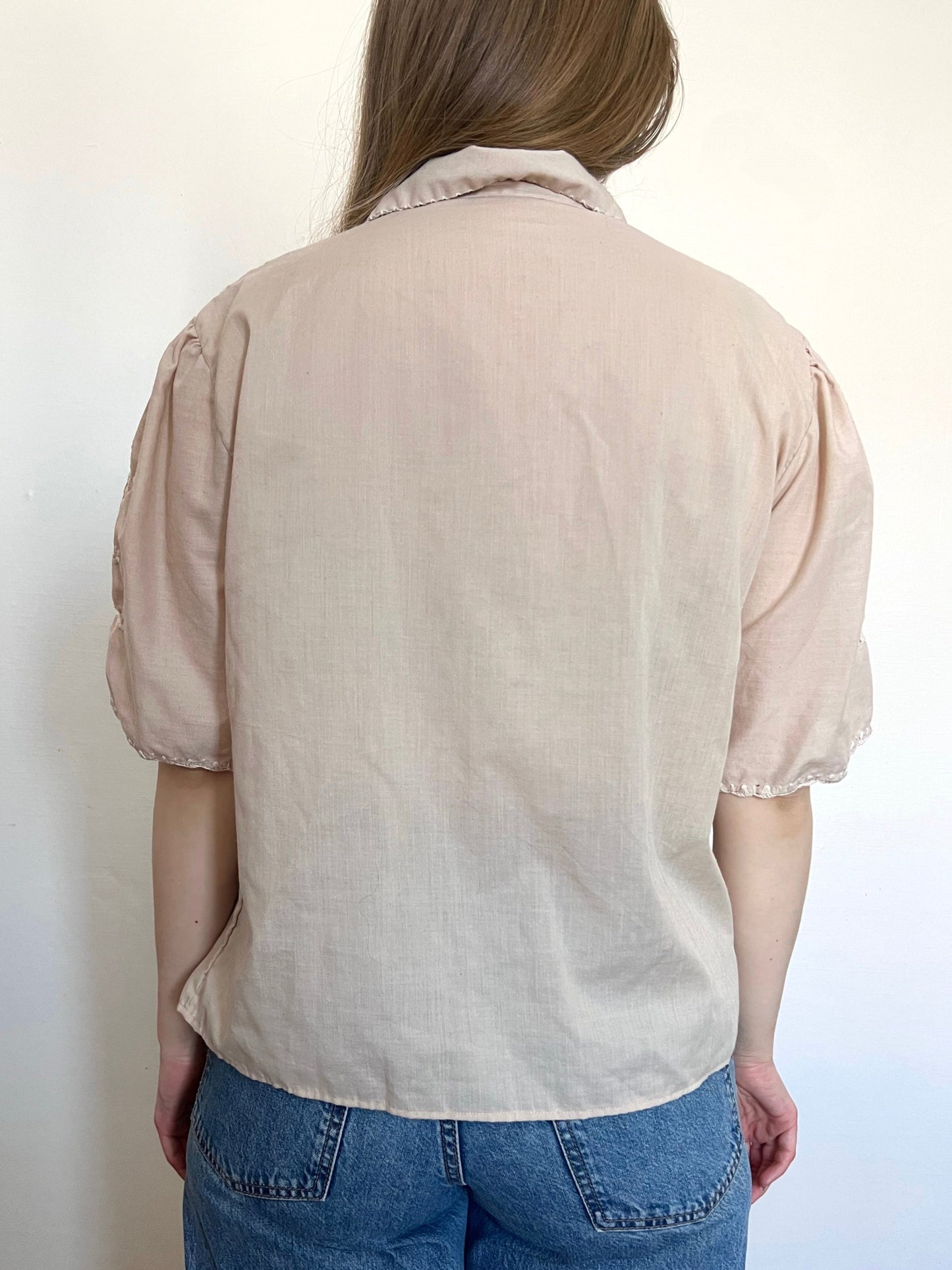 70s beige embroidery blouse, Size L