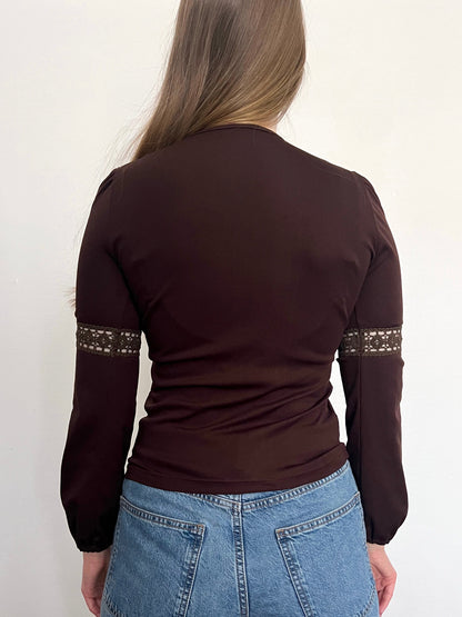 70s brown lace detail top, Size XS-S