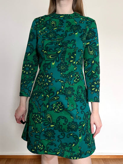 60s green flower dress, Size S