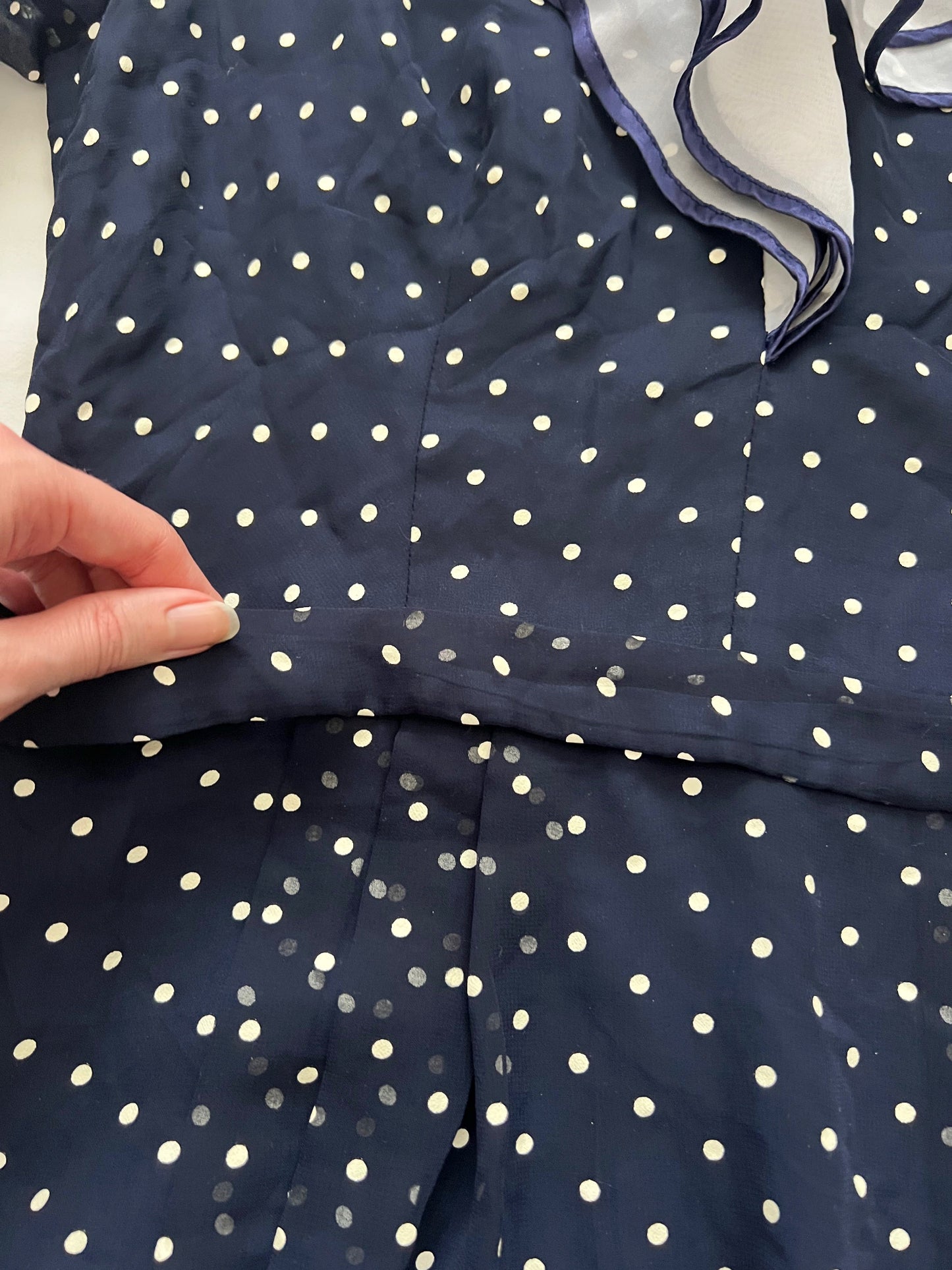 70s blue and white polka dot dress, Size M