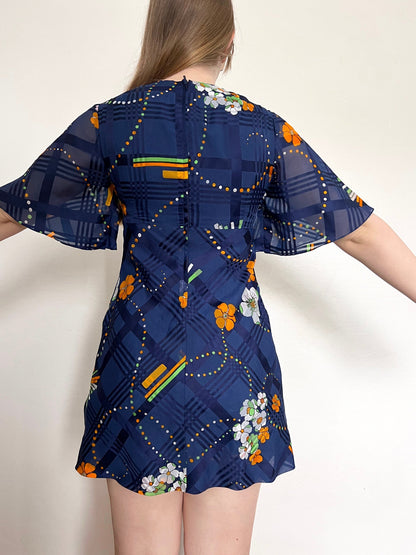 70s blue flared sleeves mini dress, Size XS-S