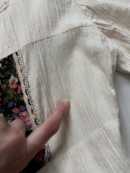 70s cotton cream and floral maxi dress, Size S