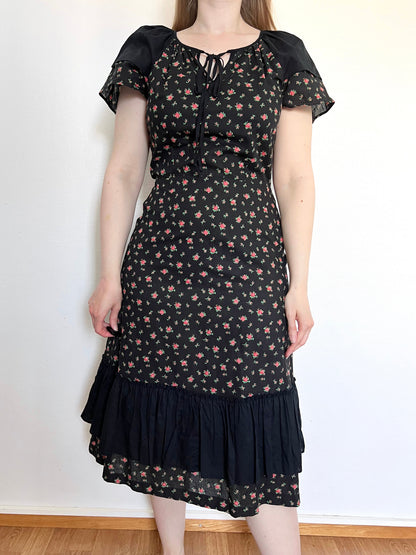 70s 100% cotton black floral dress, Size S-M