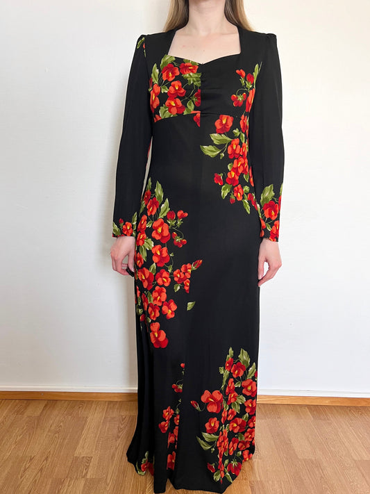 70s black flower dress, Size M-L