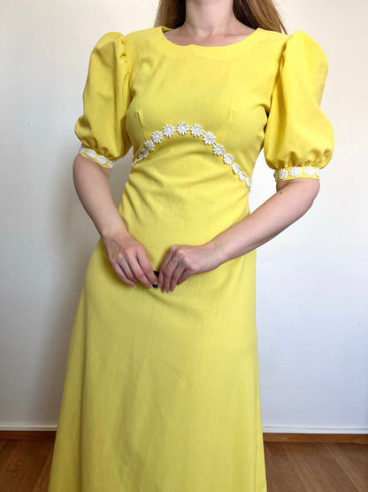 70s yellow maxi daisy dress, Size S