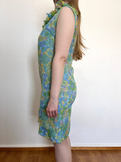 60s floral ruffle dress, Size M-L