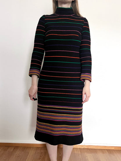 70s black & colorful striped knitted dress, Size S