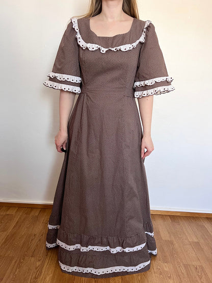 70s brown & white polka dot dress, Size L