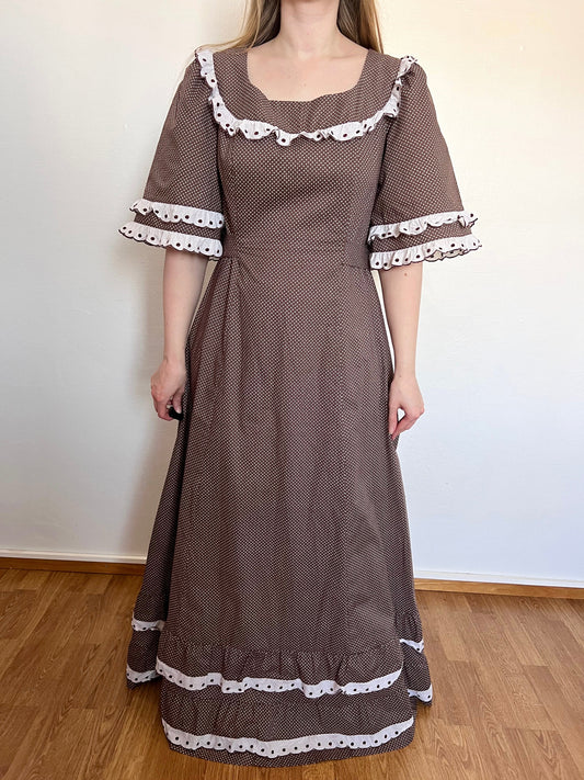 70s brown & white polka dot dress, Size L