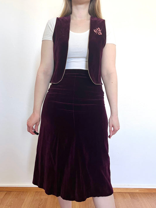70s purple velvet vest and skirt set, Size S