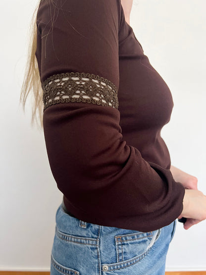 70s brown lace detail top, Size XS-S