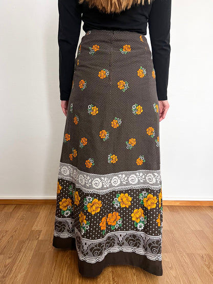 70s brown flower skirt, Size S