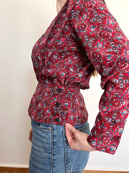 80s red ornate pattern blouse, Size XS-S