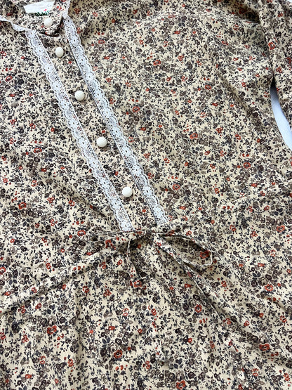 70s beige floral dress, Size XS-S