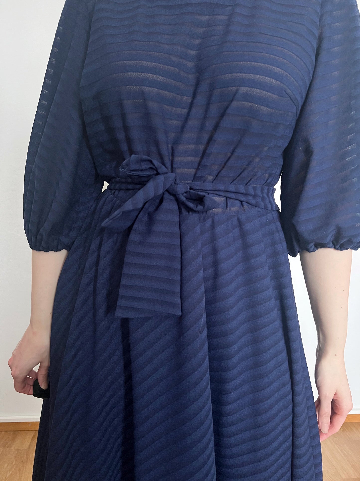 70s navy blue stripes dress, Size L