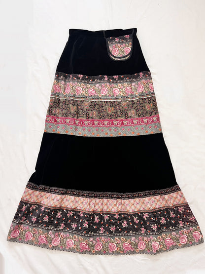70s velvet and floral maxi skirt, Size S