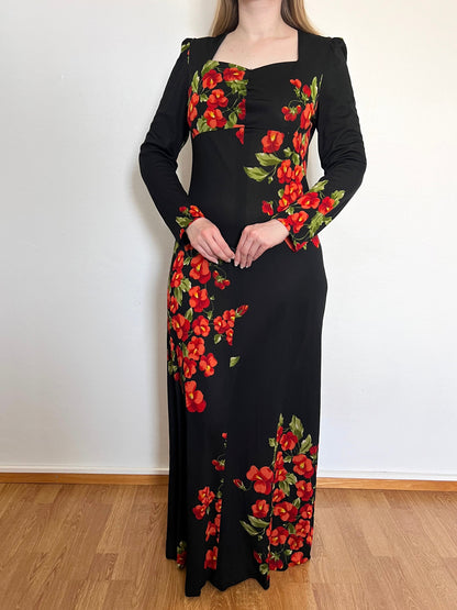 70s black flower dress, Size M-L