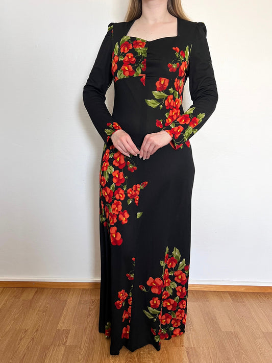 70s black flower dress, Size M-L