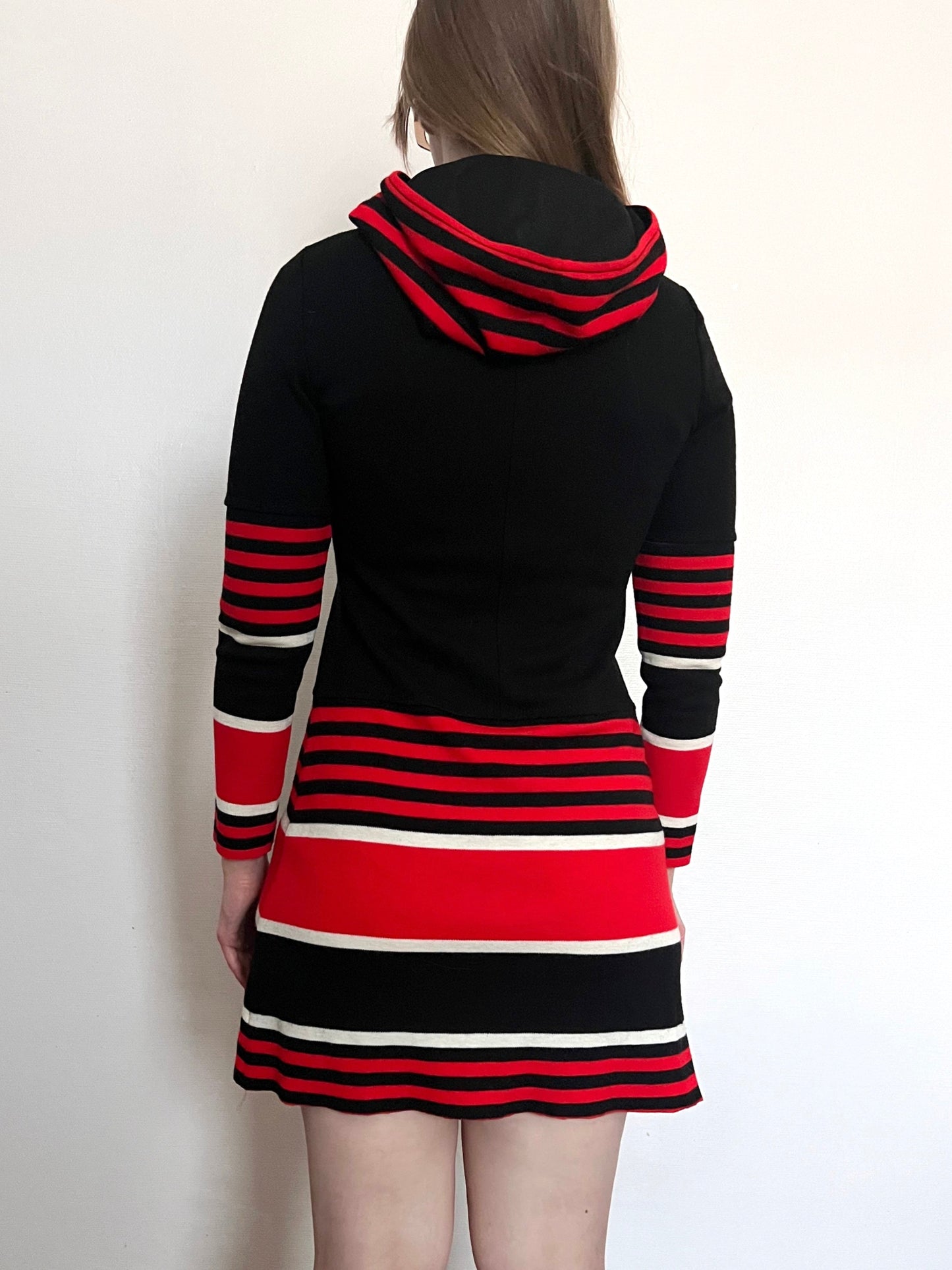 70s black striped hooded dress, Size S