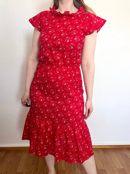 70s red cotton floral dress, Size M