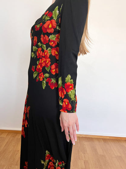 70s black flower dress, Size M-L