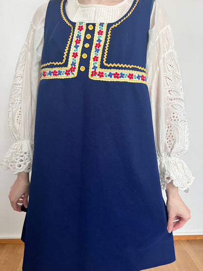 60s navy blue folk style trim dress, Size L