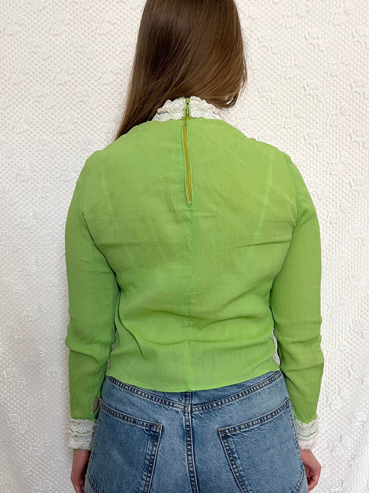 70s Victorian inspired green & lace blouse, Size M