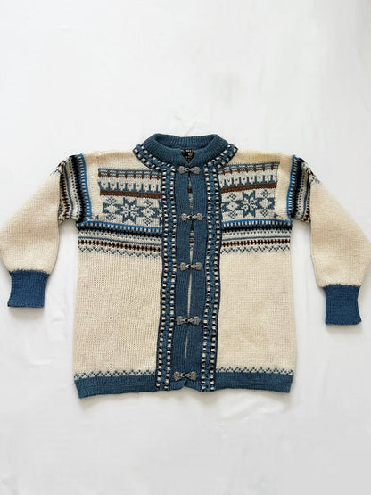 Blue & white Norwegian wool cardigan, Size L-XL