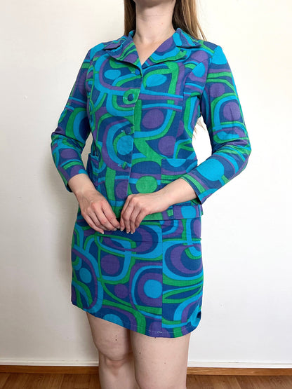 60s blue geometric shirt and skirt set, Size S