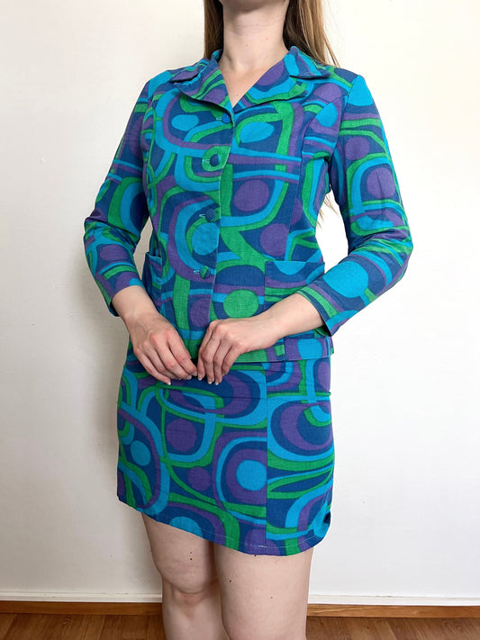60s blue geometric shirt and skirt set, Size S