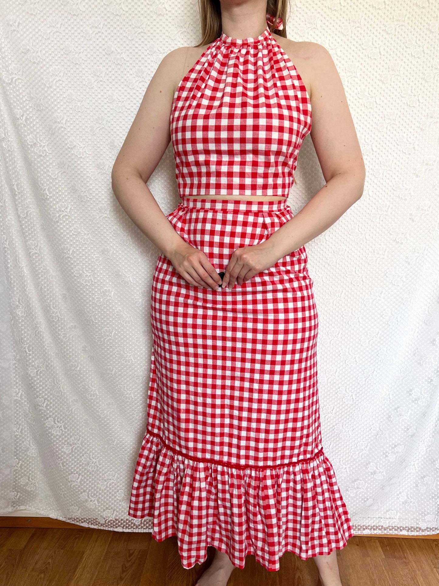 70s gingham open back halter neck and skirt set, Size S