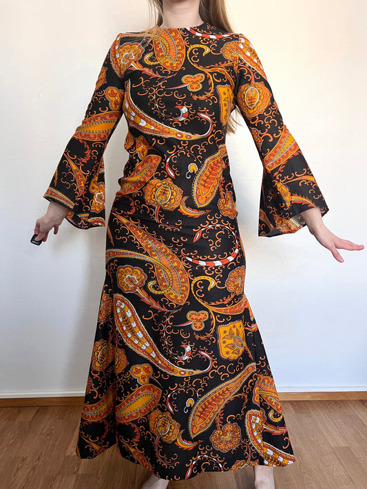 70s paisley pattern and wide sleeves dress, Size S