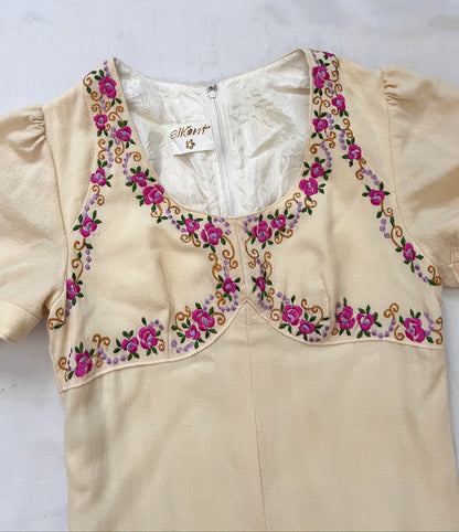 Maxi cream dress with floral embroidery, Size XS
