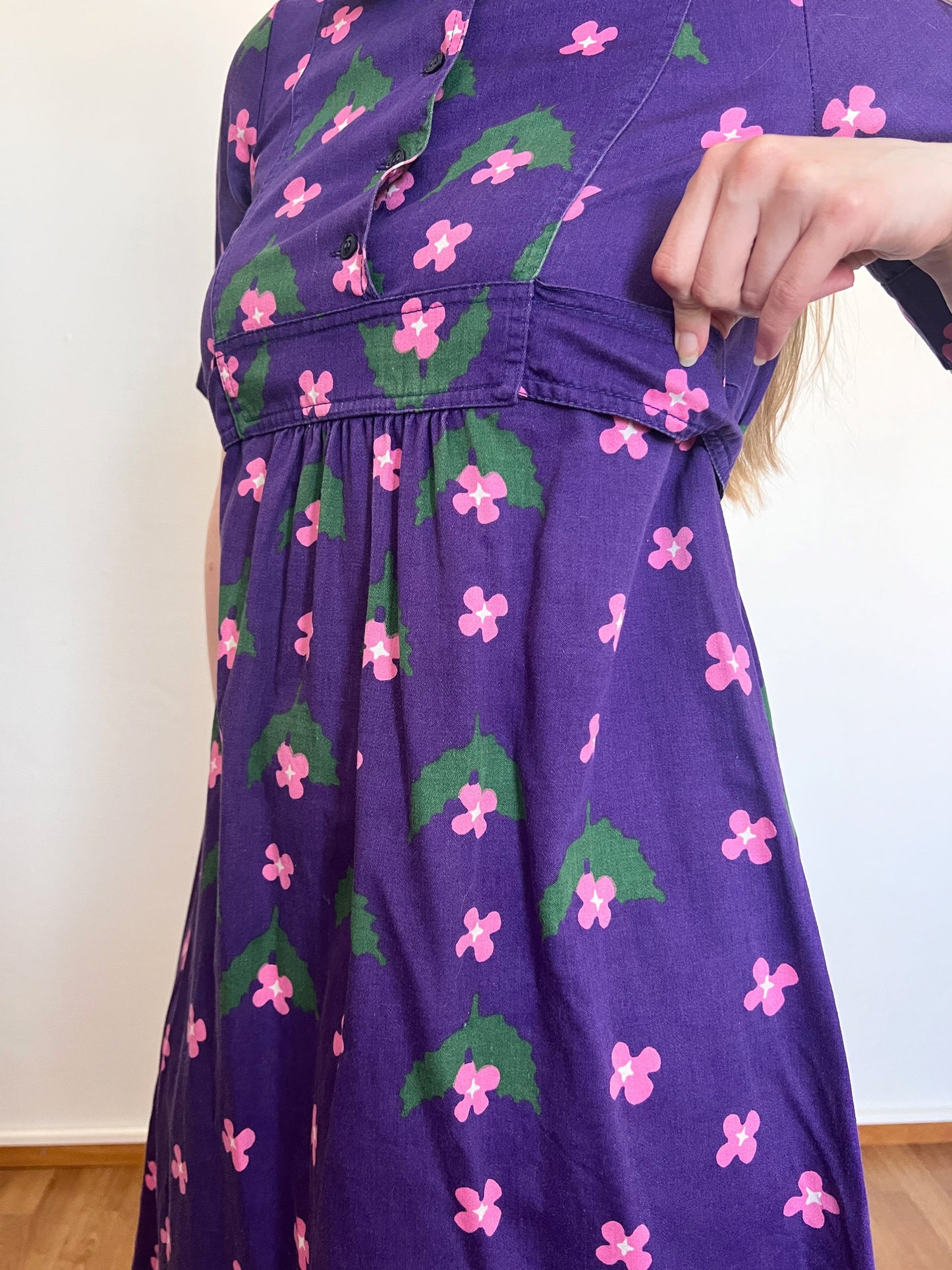 70s purple floral cotton, dress, Size XS-S