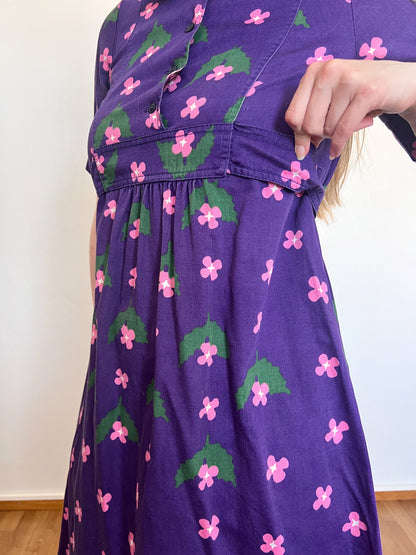 70s purple floral cotton, dress, Size XS-S