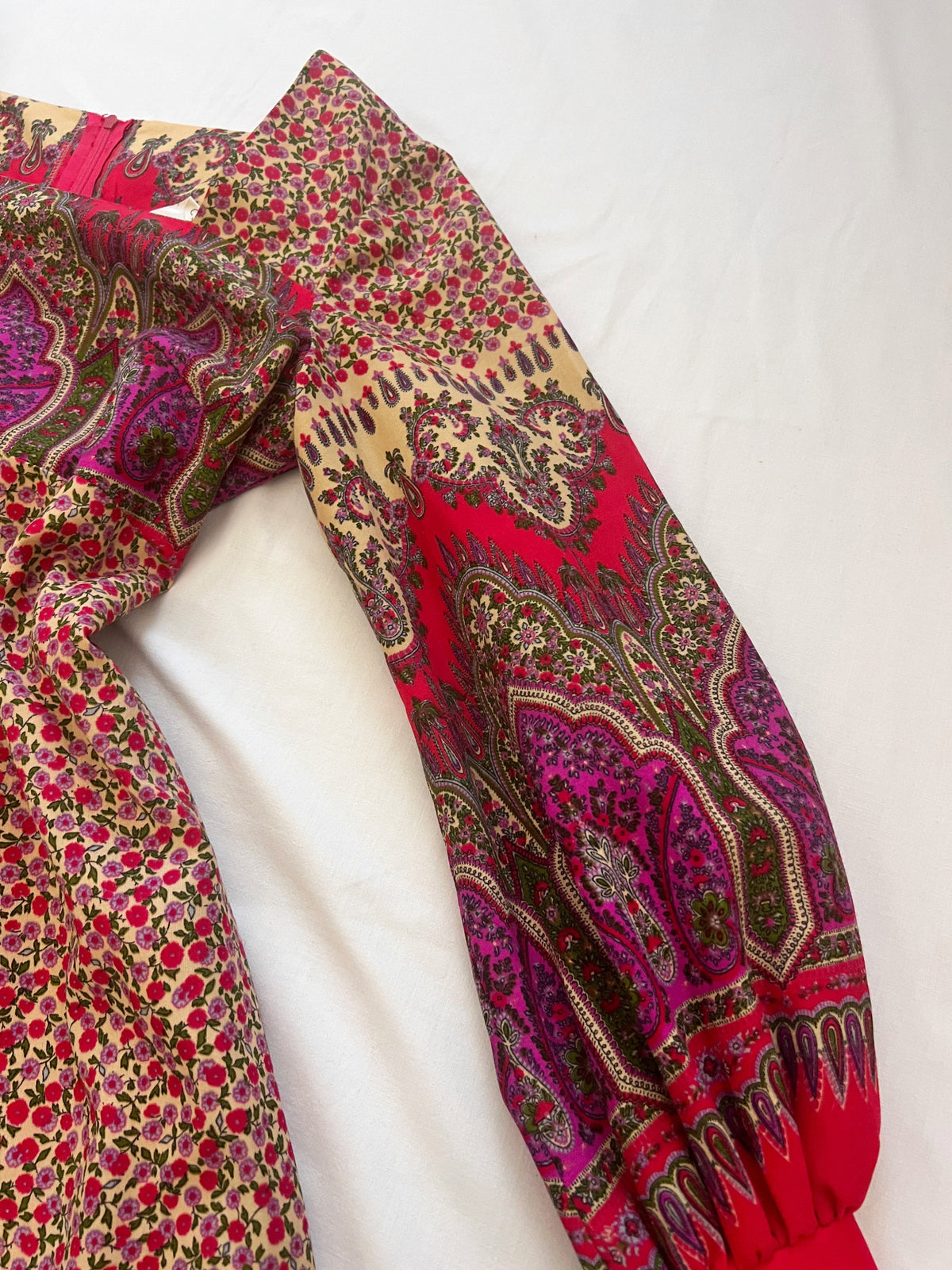 70s red floral Medieval revival maxi dress, Size S-M