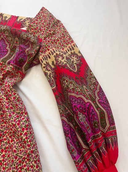 70s red floral Medieval revival maxi dress, Size S-M