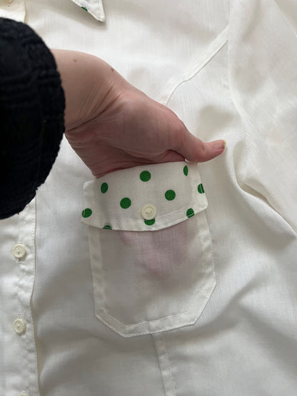 60s white and green polka dot shirt, Size L-XL